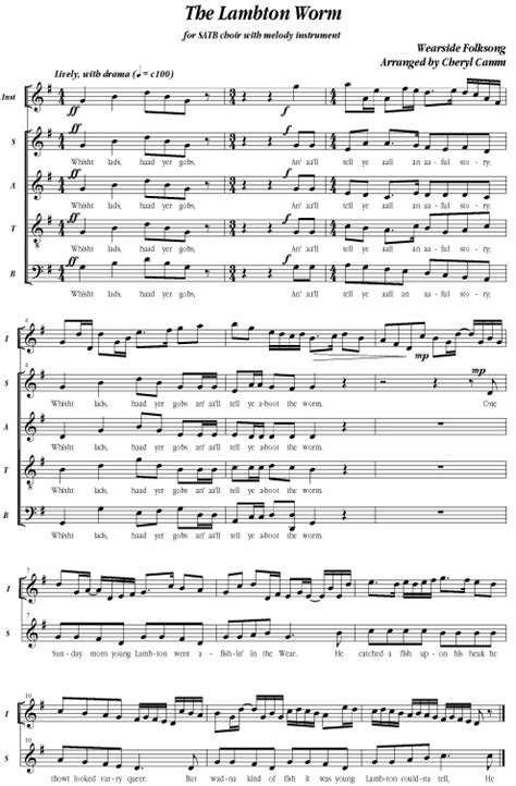 The Lambton Worm - Sheet music score musical notation by Cheryl Camm