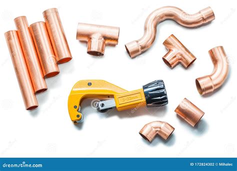 Plubing Tools Copper Pipes and Fittings with Pipe Cutter Isolated Stock Photo - Image of ...