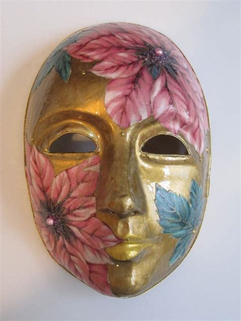 Paper Mache Mask with Pink Poinsettias Green Leaves Venetian