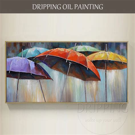 Artist Hand painted Romantic Rainy Day Colorful Umbrella Oil Painting On Canvas Modern Umbrella ...