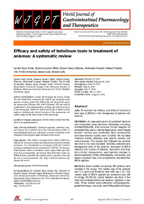 (PDF) Efficacy and safety of botulinum toxin in treatment of anismus: A systematic review ...