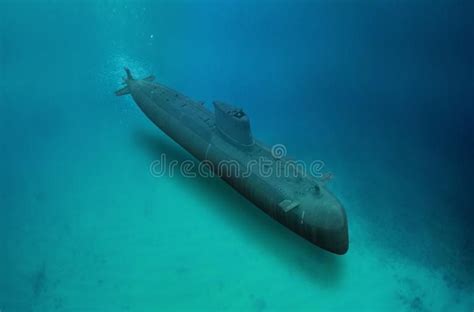 Naval submarine submerge underwater during a mission. Under blue ocean ...