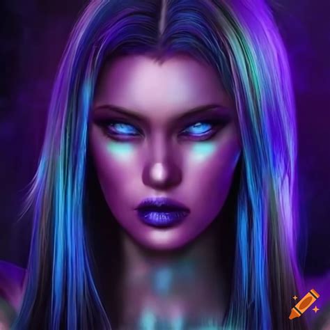 Cyber woman with blue skin and violet hair on Craiyon