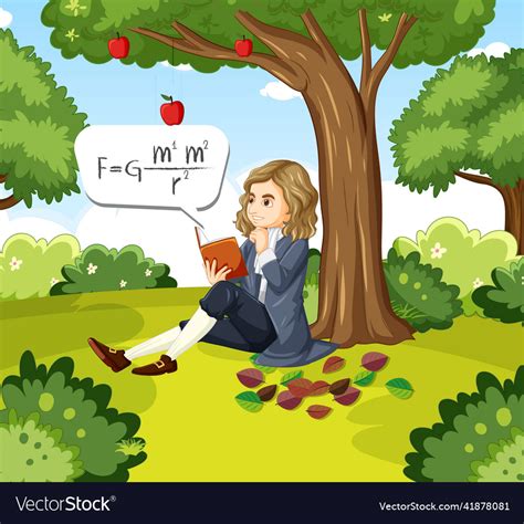 Isaac newton sitting under apple tree Royalty Free Vector