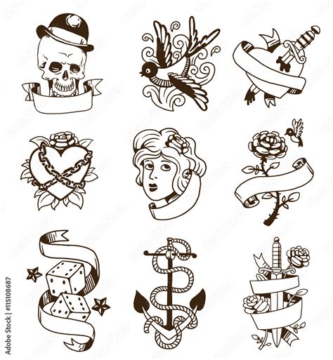 Old school tattoo elements vector set. Cartoon vector tattoos in funny style anchor, dagger ...