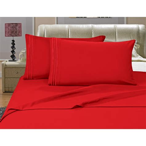 Elegant Comfort 1500 Series 4-Piece Red Triple Marrow Embroidered Pillowcases Microfiber Queen ...