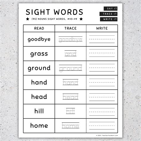 95 Nouns Sight Words: Read, Trace & Write Worksheets & Activities, [SET ...