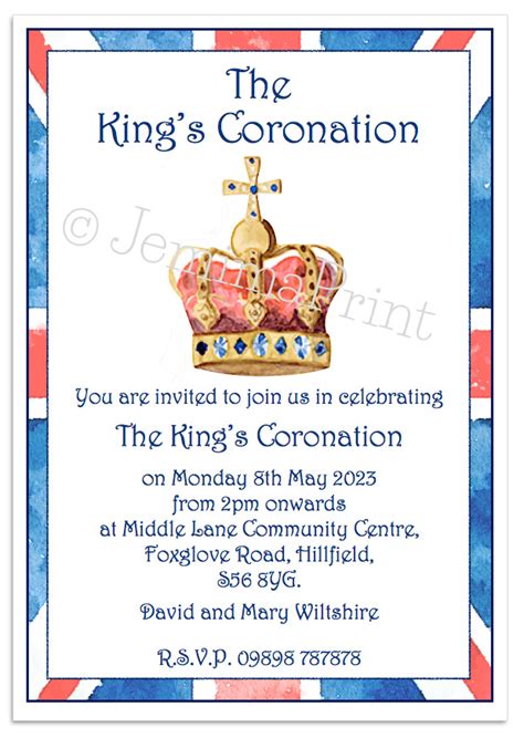 10 Personalised King Charles Coronation Party invitations - Jemima Print