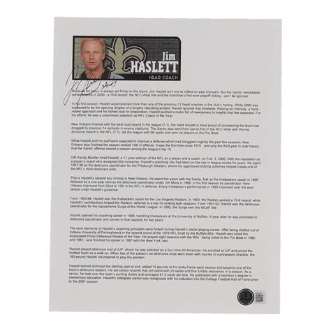 Jim Haslett Signed Saints 8x10 Career Highlight Sheet (Beckett) | Pristine Auction