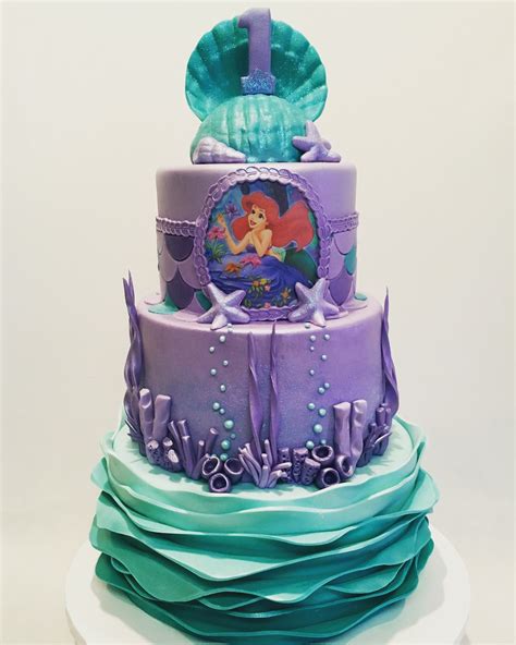 MyMoniCakes: Under the Sea Little Mermaid Theme cake with ombré waves and seashell topper