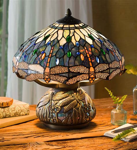 Tiffany-Style Stained Glass Table Lamp with Dragonfly Motif and Metal Base | Gifts for Her ...