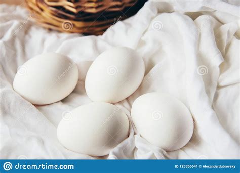 White Chicken Eggs with Wodden Basket on a Tablecloth Stock Image - Image of cooking, taste ...