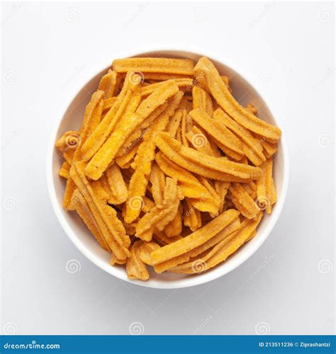 Close Up of Salted Soya Sticks Indian Namkeen Snacks on a Ceramic White Bowl. Stock Photo ...