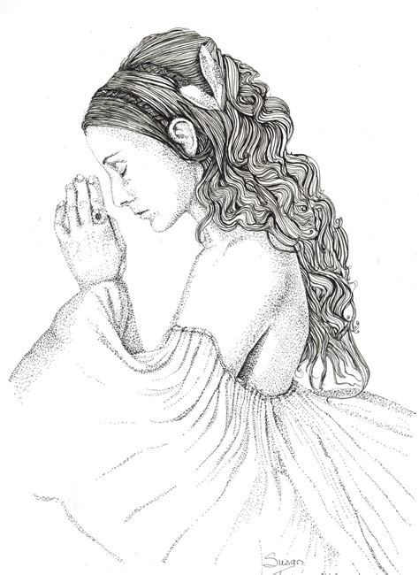 a pencil drawing of a woman with her hands clasped to her chest and looking down