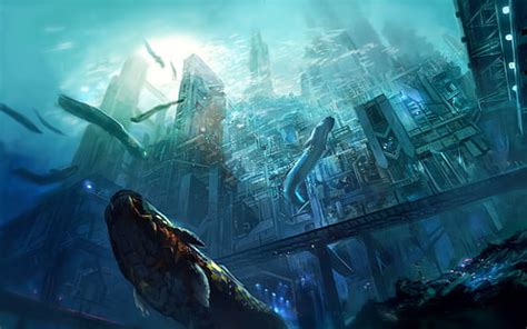 HD wallpaper: city underwater wallpaper, sunken cities, turtle, divers, split view | Wallpaper Flare
