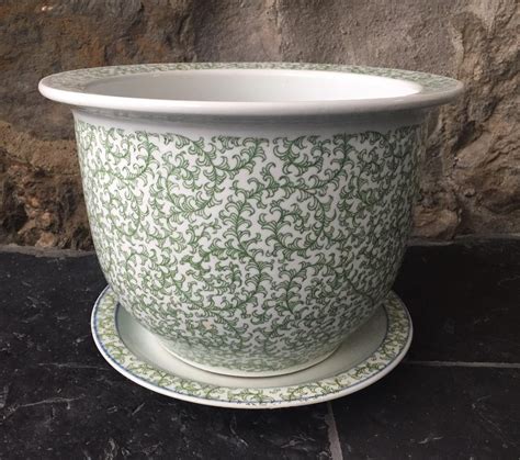 Large White & Green Ceramic Indoor Plant Pot With Saucer | in Aberfeldy ...