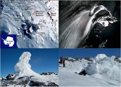 A map of Mt. Erebus, Antarctica and pictures of the ice caves. Left ...