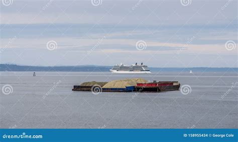 Barge and Cruise Ship stock photo. Image of state, washington - 158955434