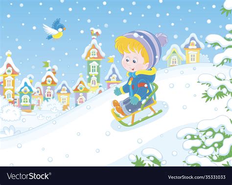 Little boy sledding down a snow hill Royalty Free Vector