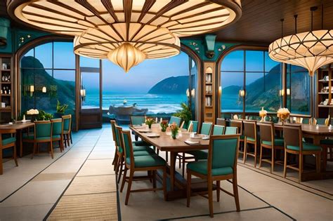 Premium Photo | A restaurant with a view of the ocean and the sky