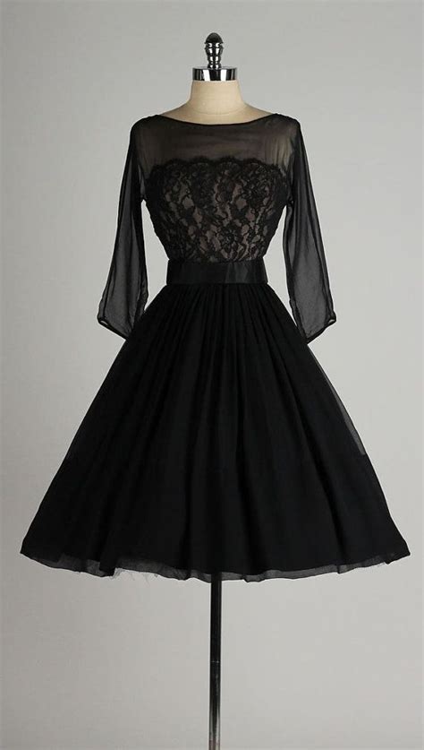 beautiful vintage 1950s dress . black chiffon . lace by ...