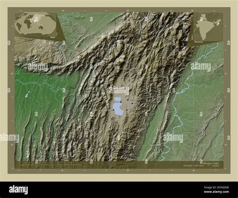 Manipur, state of India. Elevation map colored in wiki style with lakes ...