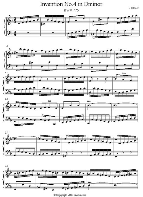 Bach - Invention No.4 in D minor BWV 775 sheet music for Piano - 8notes.com