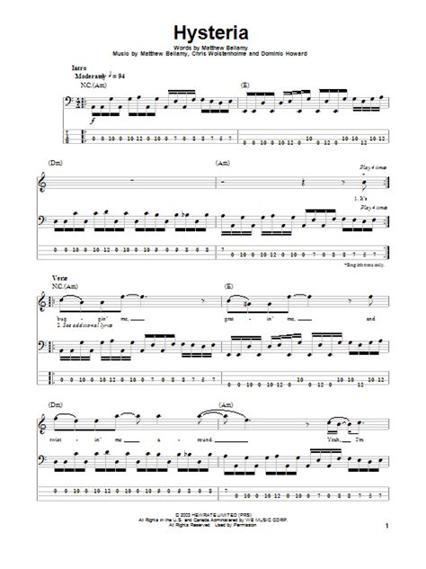 Hysteria Bass Guitar Tab by Muse (Bass Guitar Tab – 154115)