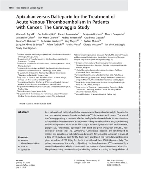 (PDF) Apixaban versus Dalteparin for the Treatment of Acute Venous Thromboembolism in Patients ...