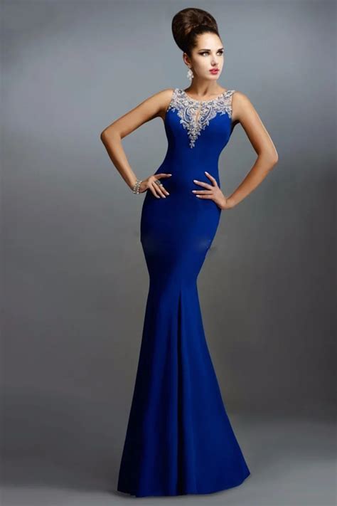 2017 Classical Royal Blue Evening Dress Long Satin Back See Through Prom Gowns 2017 Appliques ...