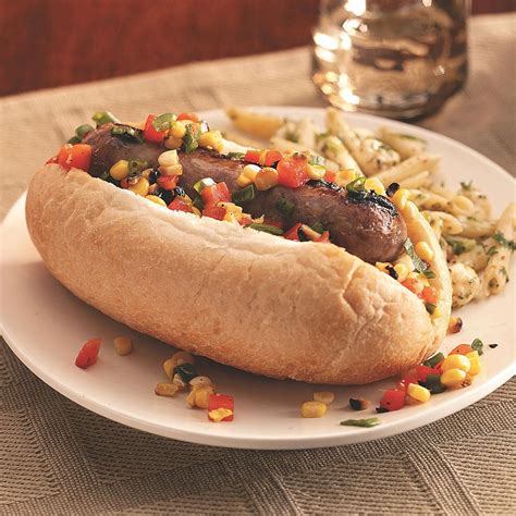 Bratwurst with Grilled Corn Relish Recipe | Taste of Home