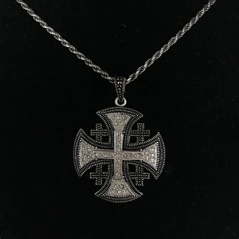 Jerusalem Cross Necklace with Gemstones Multi Layers (L). Sterling Sil ...