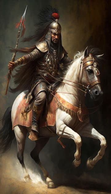 Premium Photo | A warrior riding a white horse with a spear on his head.