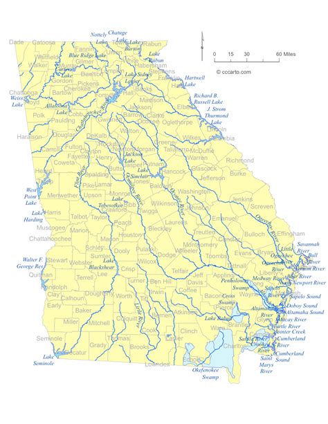 State of Georgia Water Feature Map and list of county Lakes, Rivers, Streams - CCCarto