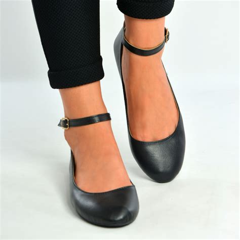 New Womens Ladies Black Ankle Strap Ballerina Flats Shoes Size Uk 3-8