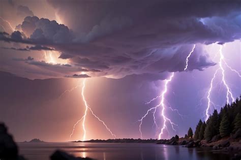 Premium Photo | A lightning storm over a lake with a cloudy sky