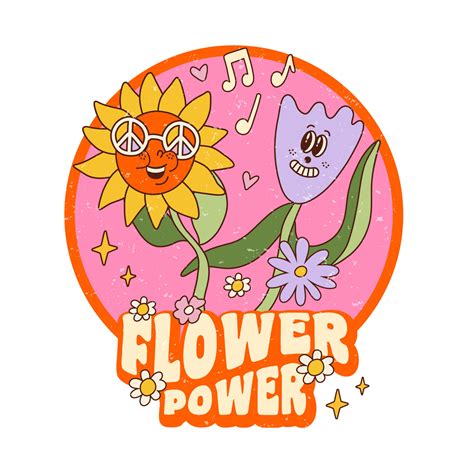 Vector cartoon illustration Flower Power in groovy retro psychedelic ...