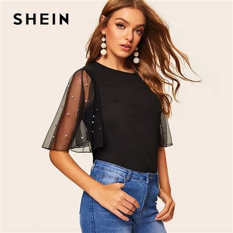 SHEIN Black Elegant Pearls Beaded Lace Mesh Bell Sleeve Women Tops And ...