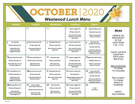 Westwood Lunch Menu - NICE Community School District