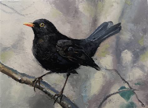 Blackbird on a branch 2 6x8 inch original oil painting on | Etsy