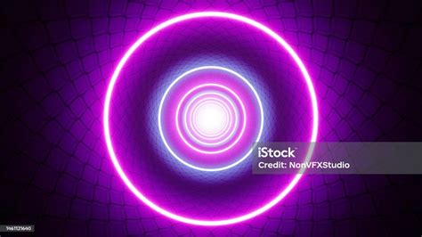 Glowing Purple And Blue Circle Light In The Metal Fence Tunnel 3d Rendering Stock Photo ...