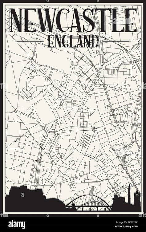 White vintage hand-drawn printout streets network map of the downtown NEWCASTLE, ENGLAND with ...