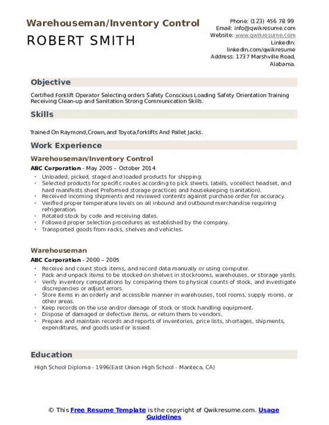 Warehouseman Resume Samples | QwikResume