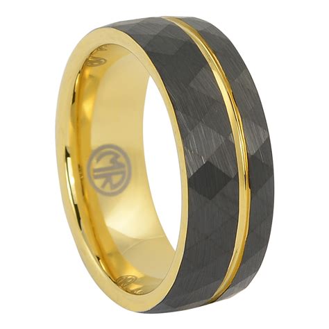 Black and Gold Faceted Tungsten Mens Ring