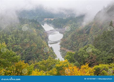 Bridge and Tadami River with Train Crossing the Bridge Stock Image - Image of tadami, fall ...