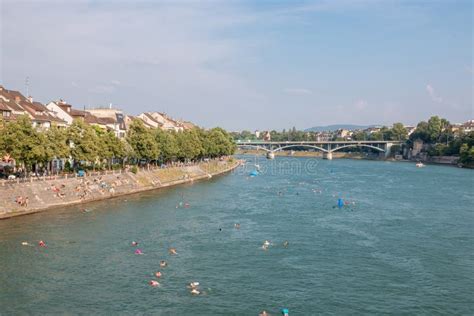 View on Basel City and River Rhine, Switzerland. People Swim in Water Editorial Image - Image of ...