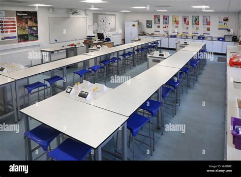 Science classroom in a new UK secondary school. Shows laboratory ...