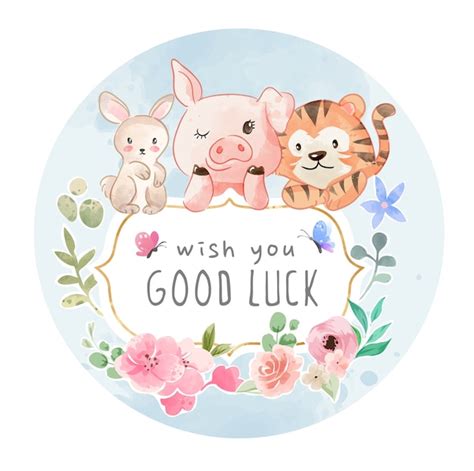 Premium Vector | Good luck sign with cute animal friendship with colorful flowers illustration