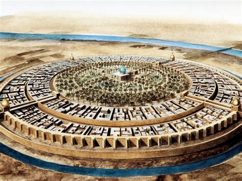 The round city of Baghdad in the 10th century, the peak of the Abbasid Caliphate. Illustration ...