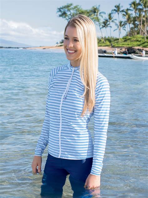 Women's Striped Zip Front Swim Shirt | Swim shirts, Women, Spf clothing